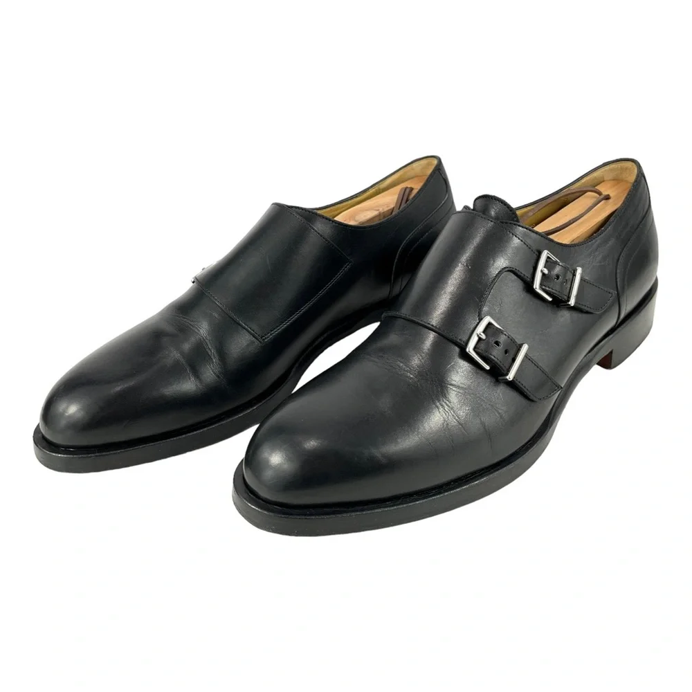 Hermès Men’s 42 Double Monk Strap Black Calfskin Dress Shoes Silver‎ Buckles